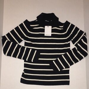 Striped Black and White Ribbed Turtleneck Sweater